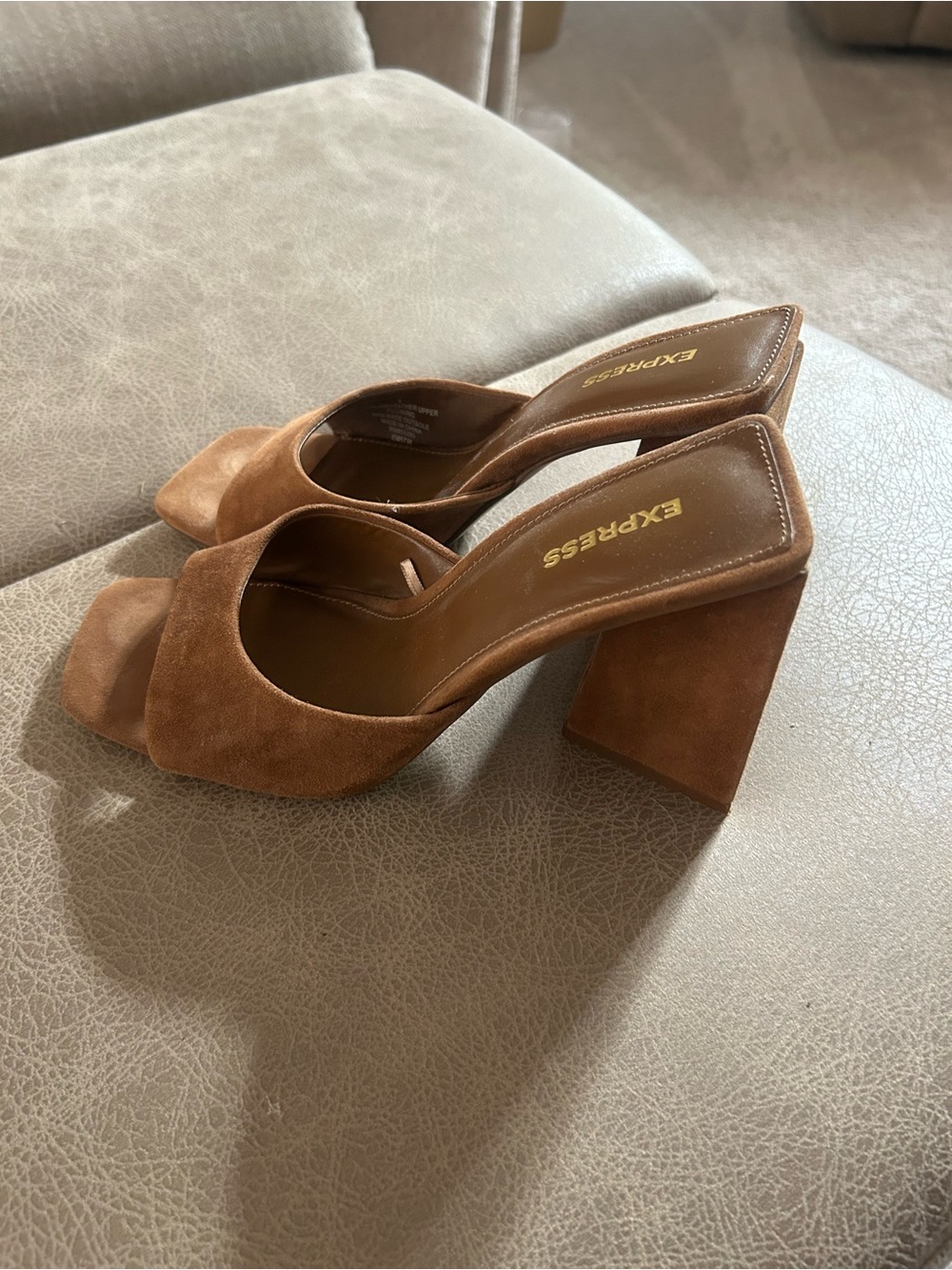 Express Women's Brown Suede Block Heel Slide Sandals - Picture 3 of 6
